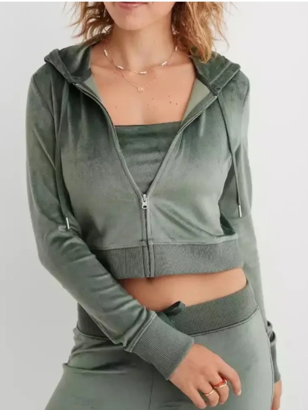 Aerie Dreamy Velour Cropped Hoodie Sage Green S